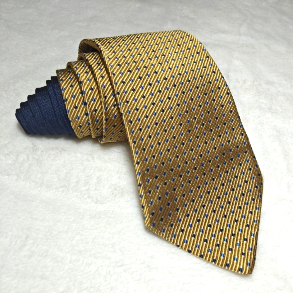 Tommy Hilfiger Gold Blue Tie‎ 100% Imported Silk Men’s Made In USA Micro Dotted